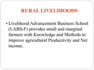 RURAL LIVELIHOODS
 Livelihood Advancement Business School
(LABS-F) provides small and marginal
farmers with Knowledge and Methods to
improve agricultural Productivity and Net
income.
 