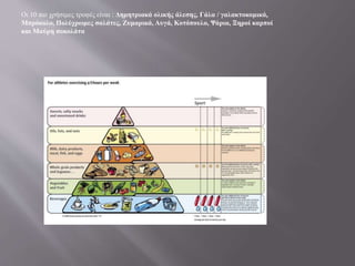 Οι 10 πιο χρήσιμες τροφές είναι : Δημητριακά ολικής άλεσης, Γάλα / γαλακτοκομικά,
Μπρόκολο, Πολύχρωμες σαλάτες, Ζυμαρικά, Αυγά, Κοτόπουλο, Ψάρια, Ξηροί καρποί
και Μαύρη σοκολάτα
 
