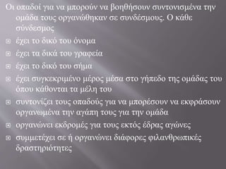 Οι οπαδοί για να μπορούν να βοηθήσουν συντονισμένα την
ομάδα τους οργανώθηκαν σε συνδέσμους. Ο κάθε
σύνδεσμος
 έχει το δικό του όνομα
 έχει τα δικά του γραφεία
 έχει το δικό του σήμα
 έχει συγκεκριμένο μέρος μέσα στο γήπεδο της ομάδας του
όπου κάθονται τα μέλη του
 συντονίζει τους οπαδούς για να μπορέσουν να εκφράσουν
οργανωμένα την αγάπη τους για την ομάδα
 οργανώνει εκδρομές για τους εκτός έδρας αγώνες
 συμμετέχει σε ή οργανώνει διάφορες φιλανθρωπικές
δραστηριότητες
 