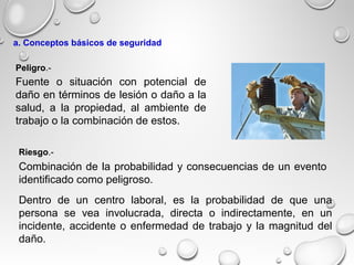 Combinación de la probabilidad y consecuencias de un evento
identificado como peligroso.
Fuente o situación con potencial de
daño en términos de lesión o daño a la
salud, a la propiedad, al ambiente de
trabajo o la combinación de estos.
Peligro.-
Riesgo.-
Dentro de un centro laboral, es la probabilidad de que una
persona se vea involucrada, directa o indirectamente, en un
incidente, accidente o enfermedad de trabajo y la magnitud del
daño.
a. Conceptos básicos de seguridad
 