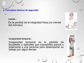 Es la perdida de la integridad física y/o mental
del individuo.
Incapacidad temporal es la pérdida de
facultades o aptitudes que imposibilita parcial o
totalmente a una persona para desempeñar su
trabajo por algún tiempo.
Lesión.-
Incapacidad temporal.-
a. Conceptos básicos de seguridad
 