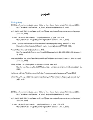 22
‫اجع‬‫ر‬‫الم‬
Bibliography
CEFLS WebTeam. InternetBasicsLesson 4: How to Use a Search Engineto Search the Internet. 2006 .
http://www.cefls.org/esenior_2_4_search_engine.htm(accessed413, 2016).
kelly,david. zeald. 2001. http://www.zeald.com/blog/x_post/types-of-search-engines.html(accessed
‫اإلثنين‬ ‫,أبريل‬2016).
Libraries,The OhioState University. Listof Search Enginesby Type. 1997-2008.
http://liblearn.osu.edu/guides/searchengines.html (accessedAPRIL18, 2016).
License,Creative CommonsAttribution-ShareAlike. Search engineindexing. JANUARY12,2016.
https://en.wikipedia.org/wiki/Search_engine_indexing(accessedAPRIL18, 2016).
Press,OxfordUniversity. Oxford Reference. 2016.
http://www.oxfordreference.com/view/10.1093/oi/authority.20110803100515440 (accessed4
16, 2016).
searchengineland. n.d.http://searchengineland.com/evolution-seo-trends-25-years-223424 (accessed
‫اإلثنين‬ ‫,أبريل‬2016).
Symes,Steven. TheAdvantagesof Using Search Engines. 1999-2016.
http://www.ehow.com/list_6120742_advantages-using-search-engines.html (accessedapril 12,
2016).
techterms. n.d.http://techterms.com/definition/metasearchengine(accessed ‫اإلثنين‬ ‫,أبريل‬2016).
Wikipedia. ‫اإلثنين‬ ‫,مارس‬2016. https://en.wikipedia.org/wiki/Word_lists_by_frequency(accessed ‫أبريل‬
‫,اإلثنين‬2016).
CEFLS WebTeam. InternetBasicsLesson 4: How to Use a Search Engineto Search the Internet. 2006 .
http://www.cefls.org/esenior_2_4_search_engine.htm(accessed413, 2016).
kelly,david. zeald. 2001. http://www.zeald.com/blog/x_post/types-of-search-engines.html(accessed
‫اإلثنين‬ ‫,أبريل‬2016).
Libraries,The OhioState University. Listof Search Enginesby Type. 1997-2008.
http://liblearn.osu.edu/guides/searchengines.html (accessedAPRIL18, 2016).
 