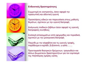 ΕνδεικτικέςΕνδεικτικές δραστηριότητεςδραστηριότητες
ΣυμμετοχήΣυμμετοχή σεσε εκστρατείεςεκστρατείες,, όσονόσον αφοράαφορά τηντην
προσωπικήπροσωπική καικαι οδοντικήοδοντική υγιεινήυγιεινή
ΠροσκλήσειςΠροσκλήσεις ειδικώνειδικών καικαι παρουσίασηπαρουσίαση στουςστους μαθητέςμαθητές
θεμάτωνθεμάτων,, σχετικώνσχετικών μεμε τηντην υγιεινήυγιεινή διατροφήδιατροφή
ΑνάγνωσηΑνάγνωση παιδικώνπαιδικών βιβλίωνβιβλίων όσονόσον αφοράαφορά τιςτις υγιεινέςυγιεινές
διατροφικέςδιατροφικές συνήθειεςσυνήθειες
ΣυλλογήΣυλλογή αποκομμάτωναποκομμάτων απόαπό εφημερίδεςεφημερίδες καικαι περιοδικάπεριοδικά,,
σχετικώνσχετικών μεμε τηντην μεσογειακήμεσογειακή διατροφήδιατροφή
ΠαιχνίδιΠαιχνίδι μεμε τηντην αλφαβήτααλφαβήτα καικαι τιςτις υγιεινέςυγιεινές τροφέςτροφές,,
παράδειγμαπαράδειγμα αα--αχλάδιαχλάδι,, ββ--βύσσινοβύσσινο,, γγ--γάλαγάλα…………..
ΠροετοιμασίαΠροετοιμασία θεατρικώνθεατρικών δρώμενωνδρώμενων,, τραγουδιώντραγουδιών καικαι
άλλωνάλλων βιωματικώνβιωματικών δραστηριοτήτωνδραστηριοτήτων γιαγια τοντον εορτασμόεορτασμό
τηςτης παγκόσμιαςπαγκόσμιας ημέραςημέρας υγείαςυγείας
 