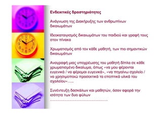 ΕνδεικτικέςΕνδεικτικές δραστηριότητεςδραστηριότητες
ΑνάγνωσηΑνάγνωση τηςτης ΔιακήρυξηςΔιακήρυξης τωντων ανθρωπίνωνανθρωπίνων
δικαιωμάτωνδικαιωμάτων
ΙδεοκαταιγισμόςΙδεοκαταιγισμός δικαιωμάτωνδικαιωμάτων τουτου παιδιούπαιδιού καικαι γραφήγραφή τουςτους
στονστον πίνακαπίνακα
ΧρωματισμόςΧρωματισμός απόαπό τοντον κάθεκάθε μαθητήμαθητή,, τωντων πιοπιο σημαντικώνσημαντικών
δικαιωμάτωνδικαιωμάτων
ΑναγραφήΑναγραφή μιαςμιας υποχρέωσηςυποχρέωσης τουτου μαθητήμαθητή δίπλαδίπλα σεσε κάθεκάθε
χρωματισμένοχρωματισμένο δικαίωμαδικαίωμα,, όπωςόπως ««νανα μουμου φέρονταιφέρονται
ευγενικάευγενικά // νανα φέρομαιφέρομαι ευγενικάευγενικά»»,, ««νανα πηγαίνωπηγαίνω σχολείοσχολείο //
νανα χρησιμοποιώχρησιμοποιώ προσεκτικάπροσεκτικά τατα εποπτικάεποπτικά υλικάυλικά τουτου
σχολείουσχολείου»…»…....
ΣυνέντευξηΣυνέντευξη δασκάλωνδασκάλων καικαι μαθητώνμαθητών,, όσονόσον αφοράαφορά τηντην
ισότηταισότητα τωντων δυοδυο φύλωνφύλων
………………………………………………………………………………
 