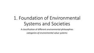 1. Foundation of Environmental
Systems and Societies
A classification of different environmental philosophies
-categories of environmental value systems-
 