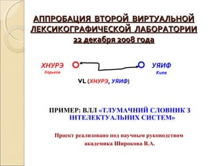 АППРОБАЦИЯ ВТОРОЙ ВИРТУАЛЬНОЙАППРОБАЦИЯ ВТОРОЙ ВИРТУАЛЬНОЙ
ЛЕКСИКОГРАФИЧЕСКОЙ ЛАБОРАТОРИИЛЕКСИКОГРАФИЧЕСКОЙ ЛАБОРАТОРИИ
22 декабря 2008 года22 декабря 2008 года
ПРИМЕР: ВЛЛ «ТЛУМАЧНИЙ СЛОВНИК З
ІНТЕЛЕКТУАЛЬНИХ СИСТЕМ»
Проект реализовано под научным руководством
академика Широкова В.А.
ХНУРЭ
Харьков
УЯИФ
Киев
VL (ХНУРЭ, УЯИФ)
 