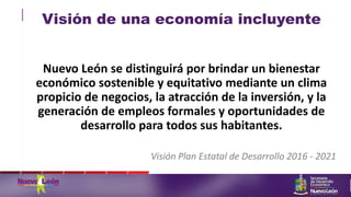 Visión de una economía incluyente
Nuevo León se distinguirá por brindar un bienestar
económico sostenible y equitativo mediante un clima
propicio de negocios, la atracción de la inversión, y la
generación de empleos formales y oportunidades de
desarrollo para todos sus habitantes.
Visión Plan Estatal de Desarrollo 2016 - 2021
 