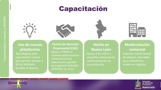 Capacitación
FinanciamientoeimpulsoaMiPyMEs
Uso de nuevas
plataformas
Tecnológicas para
capacitación masiva
que permita atender a
60 mil MiPyMEs
durante el sexenio
Hecho en
Nuevo León
Apoyo a las micro y
pequeñas empresas en
comercialización de
sus productos
Modernización
comercial
Impulsar nueva central
de abastos, mercados
para ambulantes,
mejora en logística
Centro de Atención
Empresarial (CAE)
Apoyo a PYMES en
trámites administrativos
(Ventanilla Única),
capacitación y gestión
de programas federales
(INADEM), en otros
 