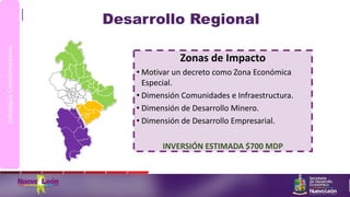Desarrollo Regional
EstrategiasComplementarias
Zonas de Impacto
• Motivar un decreto como Zona Económica
Especial.
• Dimensión Comunidades e Infraestructura.
• Dimensión de Desarrollo Minero.
• Dimensión de Desarrollo Empresarial.
INVERSIÓN ESTIMADA $700 MDP
 