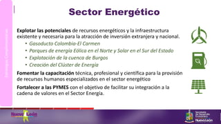 Sector Energético
Explotar las potenciales de recursos energéticos y la infraestructura
existente y necesaria para la atracción de inversión extranjera y nacional.
• Gasoducto Colombia-El Carmen
• Parques de energía Eólica en el Norte y Solar en el Sur del Estado
• Explotación de la cuenca de Burgos
• Creación del Clúster de Energía
Fomentar la capacitación técnica, profesional y científica para la provisión
de recursos humanos especializados en el sector energético
Fortalecer a las PYMES con el objetivo de facilitar su integración a la
cadena de valores en el Sector Energía.
EstrategiasComplementarias
 