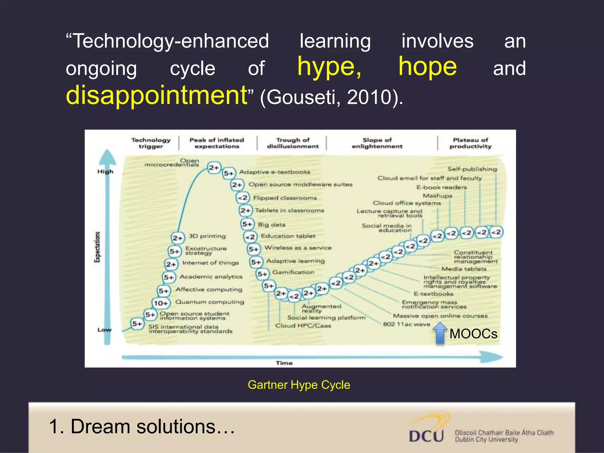 Gartner Hype Cycle
1. Dream solutions…
“Technology-enhanced learning involves an
ongoing cycle of hype, hope and
disappointment” (Gouseti, 2010).
MOOCs
 