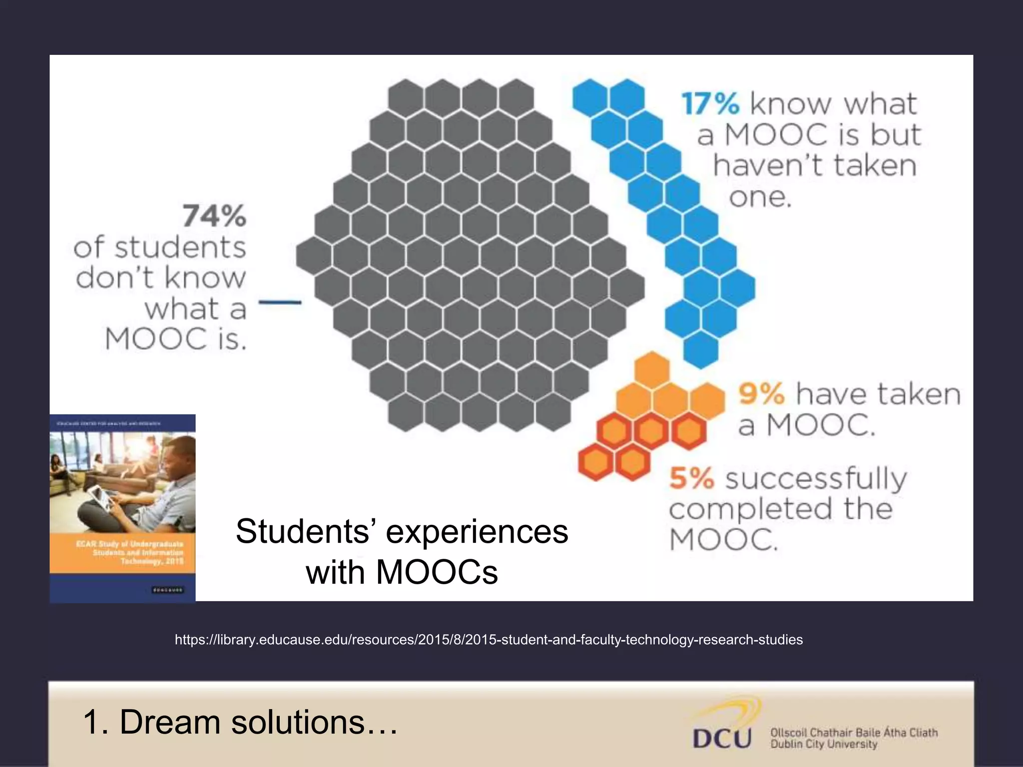 Students’ experiences
with MOOCs
https://library.educause.edu/resources/2015/8/2015-student-and-faculty-technology-research-studies
1. Dream solutions…
 