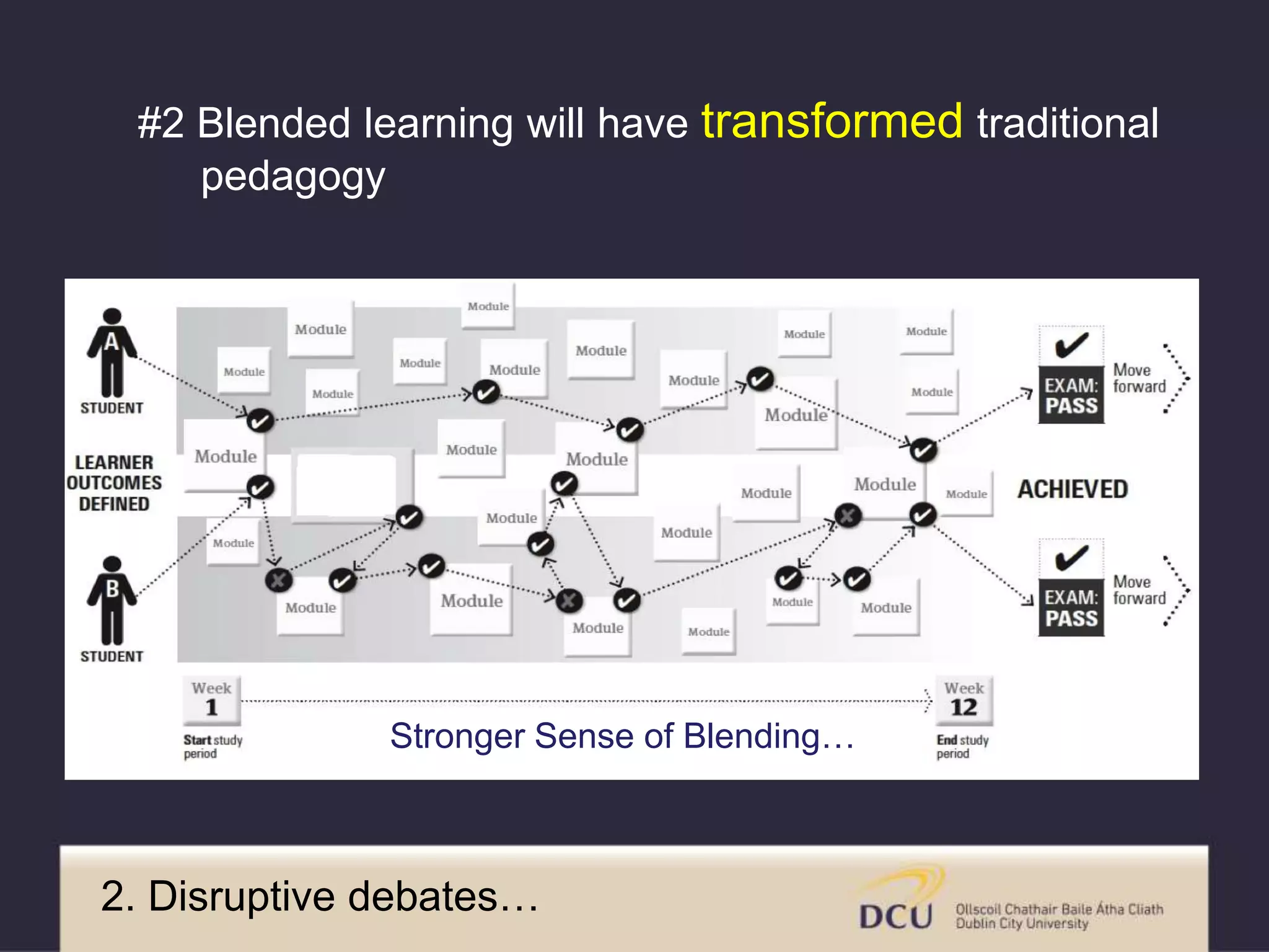Stronger Sense of Blending…
2. Disruptive debates…
#2 Blended learning will have transformed traditional
pedagogy
 