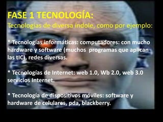 FASE 1 TECNOLOGÍA:
Tecnologías de diversa índole, como por ejemplo:
* Tecnologías informáticas: computadores: con mucho
hardware y software (muchos programas que aplican
las tIC), redes diversas.
* Tecnologías de Internet: web 1.0, Wb 2.0, web 3.0
servicios Internet.
* Tecnología de dispositivos móviles: software y
hardware de celulares, pda, blackberry.
 