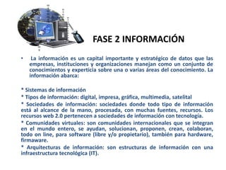 FASE 2 INFORMACIÓN
• La información es un capital importante y estratégico de datos que las
empresas, instituciones y organizaciones manejan como un conjunto de
conocimientos y experticia sobre una o varias áreas del conocimiento. La
información abarca:
* Sistemas de información
* Tipos de información: digital, impresa, gráfica, multimedia, satelital
* Sociedades de información: sociedades donde todo tipo de información
está al alcance de la mano, procesada, con muchas fuentes, recursos. Los
recursos web 2.0 pertenecen a sociedades de información con tecnología.
* Comunidades virtuales: son comunidades internacionales que se integran
en el mundo entero, se ayudan, solucionan, proponen, crean, colaboran,
todo on line, para software (libre y/o propietario), también para hardware,
firmaware.
* Arquitecturas de información: son estructuras de información con una
infraestructura tecnológica (IT).
 
