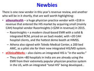 Newbies
There is one new vendor in this year’s revenue review, and another
who will be in it shortly, that are well worth highlighting:
• athenaHealth – a huge physician practice vendor with ≈$1B in
revenue that entered the HIS market by acquiring small (mainly
CAH) hospital vendor RazorInsights (≈$2M in revenue) in 2015.
– RazorInsights = a modern cloud-based EMR with a solid &
integrated RCM, priced on an SaaS model, with ≈20 CAH
hospital clients, and the hottest demo booth at HIMSS.
– Athena also signed with Toledo Medical Center, a 200 bed
AMC, as a pilot site for their new integrated HIS/MD system.
• eClinicalWorks – also claims an integrated HIS is “in the works:”
– They claim ≈80 hospitals in India are are already using the
EMR from their extremely popular physician practice system
in the US, with an integrated “total HIS” being developed…
 
