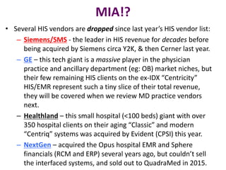 MIA!?
• Several HIS vendors are dropped since last year’s HIS vendor list:
– Siemens/SMS - the leader in HIS revenue for decades before
being acquired by Siemens circa Y2K, & then Cerner last year.
– GE – this tech giant is a massive player in the physician
practice and ancillary department (eg: OB) market niches, but
their few remaining HIS clients on the ex-IDX “Centricity”
HIS/EMR represent such a tiny slice of their total revenue,
they will be covered when we review MD practice vendors
next.
– Healthland – this small hospital (<100 beds) giant with over
350 hospital clients on their aging “Classic” and modern
“Centriq” systems was acquired by Evident (CPSI) this year.
– NextGen – acquired the Opus hospital EMR and Sphere
financials (RCM and ERP) several years ago, but couldn’t sell
the interfaced systems, and sold out to QuadraMed in 2015.
 