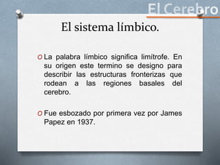El sistema límbico.
O La palabra límbico significa limítrofe. En
su origen este termino se designo para
describir las estructuras fronterizas que
rodean a las regiones basales del
cerebro.
O Fue esbozado por primera vez por James
Papez en 1937.
 