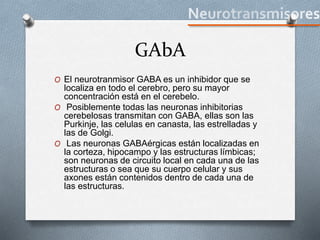GAbA
O El neurotranmisor GABA es un inhibidor que se
localiza en todo el cerebro, pero su mayor
concentración está en el cerebelo.
O Posiblemente todas las neuronas inhibitorias
cerebelosas transmitan con GABA, ellas son las
Purkinje, las celulas en canasta, las estrelladas y
las de Golgi.
O Las neuronas GABAérgicas están localizadas en
la corteza, hipocampo y las estructuras límbicas;
son neuronas de circuito local en cada una de las
estructuras o sea que su cuerpo celular y sus
axones están contenidos dentro de cada una de
las estructuras.
 