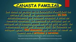 Los datos de precios de la CANASTA FAMILIAR los
obtiene el DANE en aproximadamente 20.000
establecimientos que incluyen viviendas y sitios de
comercio minorista. La cantidad de artículos que se
incluyen en la canasta puede variar de país en país. Se
recomienda incluir por lo menos 300. En Colombia se
incluyen aprox. 400 elementos que se han de tener en
cuenta entre artículos y servicios.
Subgerencia Cultural del Banco de la República. (2015). Canasta familiar. Recuperado
de:
http://admin.banrepcultural.org/blaavirtual/ayudadetareas/economia/canasta_familia
r
CANASTA FAMILIAR
 