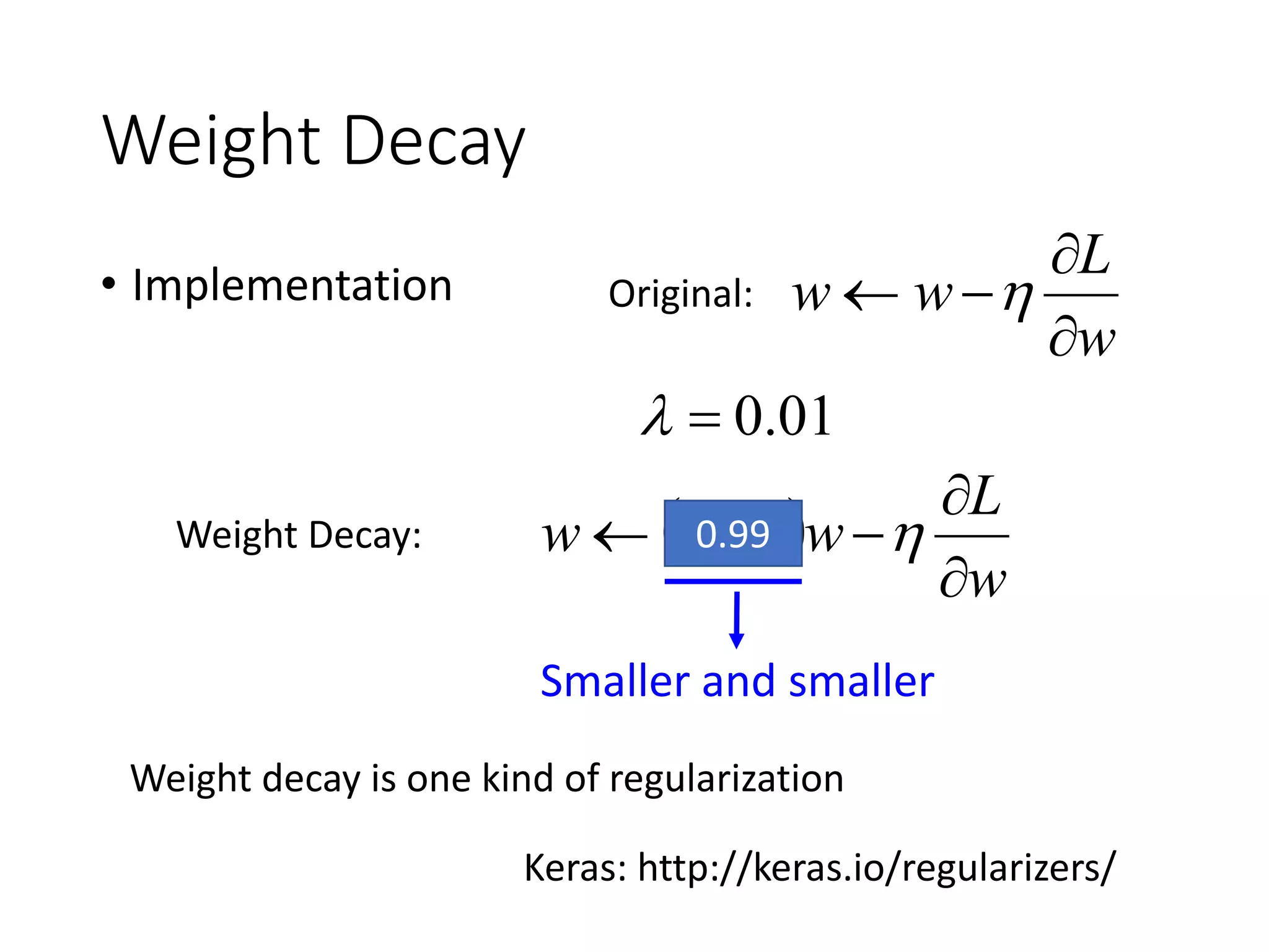 Dropout is a kind of ensemble.
testing data x
Testing of Dropout
……
average
y1 y2 y3
All the
weights
multiply
(1-p)%
≈ y
?????
 