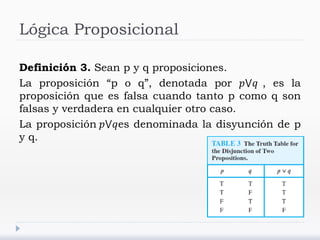 Lógica Proposicional
Definición 3. Sean p y q proposiciones.
La proposición “p o q”, denotada por 𝑝⋁𝑞 , es la
proposición que es falsa cuando tanto p como q son
falsas y verdadera en cualquier otro caso.
La proposición 𝑝⋁𝑞es denominada la disyunción de p
y q.
 