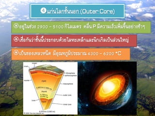 แก่นโลกชั้นนอก(OuterCore)
อยู่ในช่วง2900- 5100กิโลเมตร คลื่นP มีความเร็วเพิ่มขึ้นอย่างช้าๆ
เชื่อกันว่าชั้นนี้ประกอบด้วยโลหะเหล็กและนิกเกิลเป็นส่วนใหญ่
เป็นของเหลวหนืด มีอุณหภูมิประมาณ4300- 6200C
 