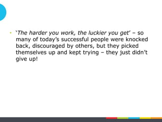 Module 1: Basics of failure!
•  Hope theory: Process!
2. Hope and fears!
Hoep & Thougts
Pathways  
(developmental
lessons of
correlation/causality) 
 
Agency
(developmental
lessons of self as
author of causal
chains of events)
Emotion
Set
Outcome
Value
Pathways
Thoughts
Agency
Thoughts
Stressor
Goall 
attainment/
non-
attainment
Surprise
Event
Event Sequence!Pre-Event!Learning History!
 