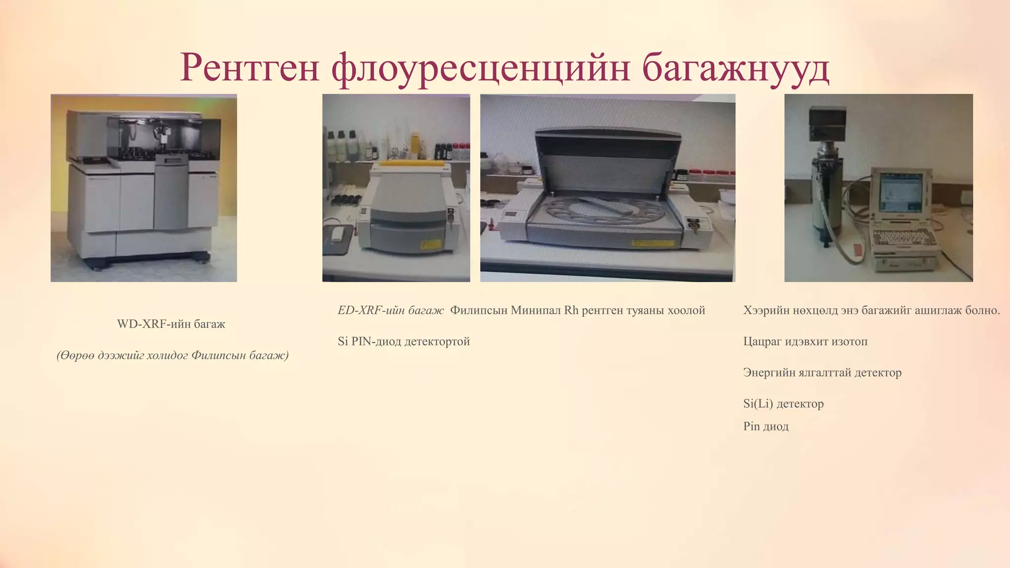 Рентген флоуресценцийн багажнууд
WD-XRF-ийн багаж
(Өөрөө дээжийг холидог Филипсын багаж)
ED-XRF-ийн багаж Филипсын Минипал Rh рентген туяаны хоолой
Si PIN-диод детектортой
Хээрийн нөхцөлд энэ багажийг ашиглаж болно.
Цацраг идэвхит изотоп
Энергийн ялгалттай детектор
Si(Li) детектор
Pin диод
 