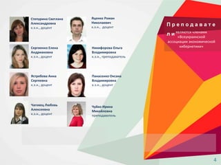 П р е п о д а в а т е
л и являются членами
«Всеукраинской
ассоциации экономической
кибернетики»
Степурина Светлана
Александровна
к.э.н., доцент
Яценко Роман
Николаевич
к.э.н., доцент
Сергиенко Елена
Андриановна
к.э.н., доцент
Ястребова Анна
Сергеевна
к.э.н., доцент
Чаговец Любовь
Алексеевна
к.э.н., доцент
Чуйко Ирина
Михайловна
преподаватель
Никифорова Ольга
Владимировна
к.э.н., преподаватель
Панасенко Оксана
Владимировна
к.э.н., доцент
4
 