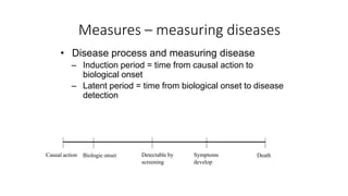 Measures – measuring diseases
• Disease process and measuring disease
– Induction period = time from causal action to
biological onset
– Latent period = time from biological onset to disease
detection
Biologic onset Detectable by
screening
Symptoms
develop
DeathCausal action
 