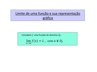 Limite de uma função e sua representação
gráfica
lim
𝑥→𝑎
𝑓(𝑥) = 𝐿
Considere 𝑓 uma função de domínio 𝐷𝑓:
, com 𝑎 ∉ 𝐷𝑓
 