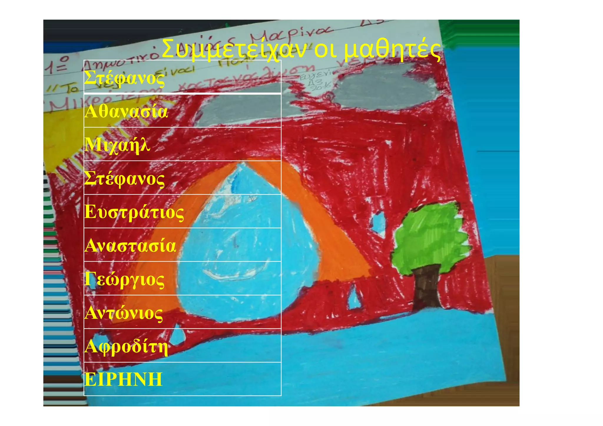 Στέφανος
Αθανασία
Μιχαήλ
Στέφανος
Ευστράτιος
Αναστασία
Γεώργιος
Αντώνιος
Αφροδίτη
ΕΙΡΗΝΗ
Συμμετείχαν οι μαθητές
 