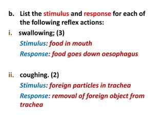 b. List the stimulus and response for each of
the following reflex actions:
i. swallowing; (3)
Stimulus: food in mouth
Response: food goes down oesophagus
ii. coughing. (2)
Stimulus: foreign particles in trachea
Response: removal of foreign object from
trachea
 