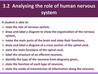 3.2 Analysing the role of human nervous
system
A student is able to:
 state the role of nervous system,
 draw and label a diagram to show the organisation of the nervous
system,
 name the main parts of the brain and state their functions,
 draw and label a diagram of a cross section of the spinal cord,
 state the main functions of the spinal cord,
 label the structure of an efferent neurone,
 identify the type of the neurone from diagrams given,
 state the function of each type of neurone,
 state the mode of transmission of information along the neurone,
 