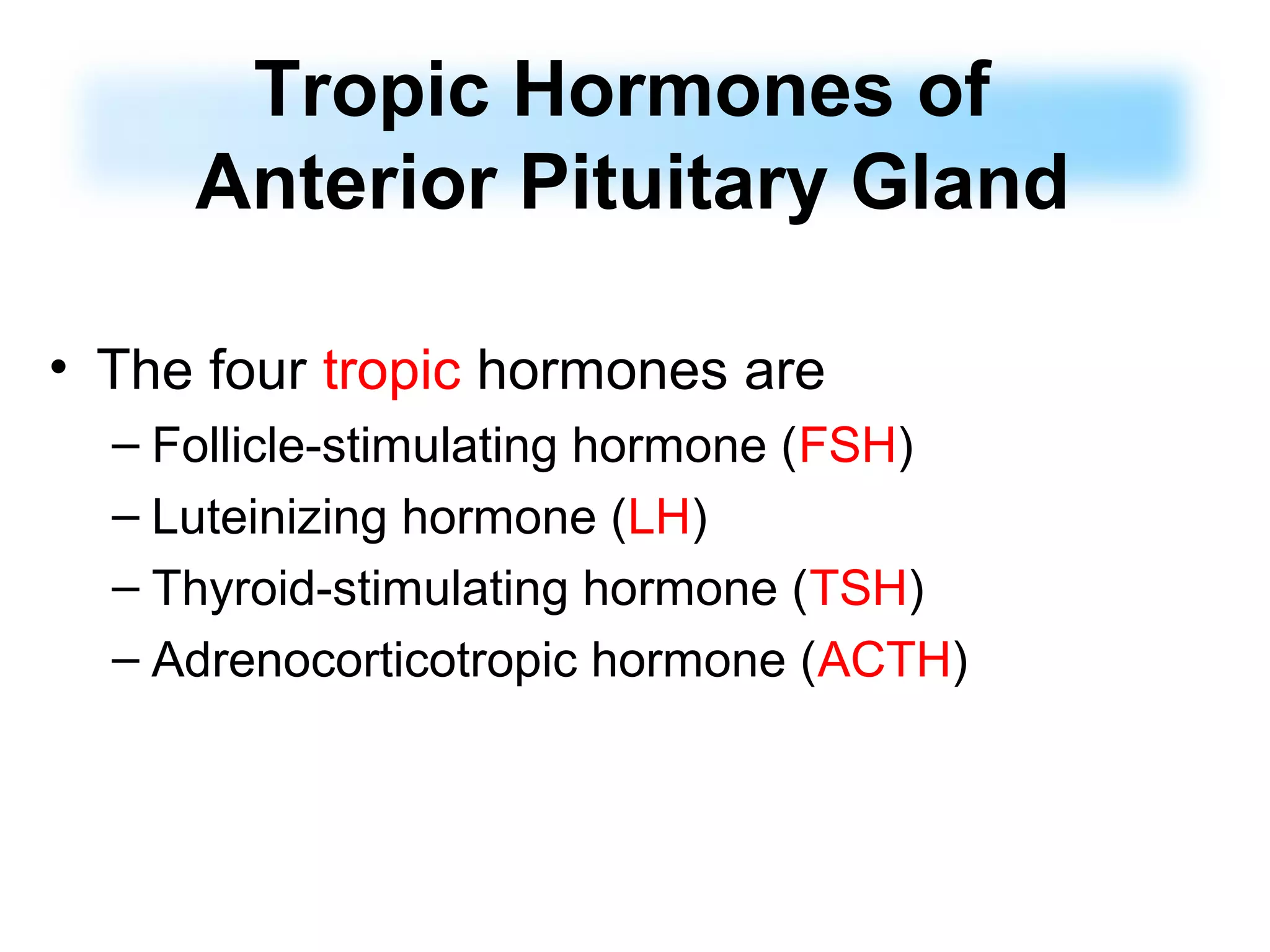 Tropic Hormones of
Anterior Pituitary Gland
• The four tropic hormones are
– Follicle-stimulating hormone (FSH)
– Luteinizing hormone (LH)
– Thyroid-stimulating hormone (TSH)
– Adrenocorticotropic hormone (ACTH)
 