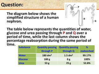 Question:
The diagram below shows the
simplified structure of a human
nephron.the loop of Henle
Substance Quantity passing
through P
Quantity passing
through Q
%
reabsorbed
Water 180 dm3 1.5 dm3 99.17%
Glucose 180 g 0 g 100%
Urea 53 g 25 g 52.8%
The table below represents the quantities of water,
glucose and urea passing through P and Q over a
period of time, while the last column shows the
percentage reabsorption during the same period of
time.
 