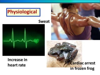Sweat
Increase in
heart rate Cardiac arrest
in frozen frog
Physiological
 