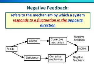 Negative Feedback:
refers to the mechanism by which a system
responds to a fluctuation in the opposite
direction
 