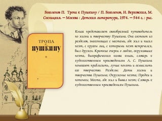 Боголепов П. Тропа к Пушкину / П. Боголепов, Н. Верховская, М.
Сосницкая. – Москва : Детская литература, 1974. – 544 с. : рис.
Книга представляет своеобразный путеводитель
по жизни и творчеству Пушкина. Она состоит из
разделов, знакомящих с местами, где жил и писал
поэт, с кругом лиц, с которыми поэт встречался,
был дружен. Краткие очерки о людях, окружавших
поэта, биографическая канва книги, словарь к
художественным произведениям А. С. Пушкина
помогают приблизить, лучше понять и осмыслить
его творчество. Разделы: Даты жизни и
творчества Пушкина; Окружение поэта; Предки и
потомки; Места, где жил и бывал поэт; Словарь к
художественным произведениям Пушкина.
 