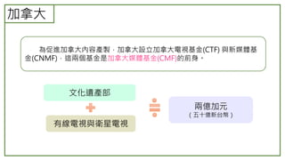 加拿大
為維護加拿大文化主權完整性，加拿大設立加拿大電視基金(CTF) 與新
媒體基金(CNMF)，這兩個基金是加拿大媒體基金(CMF)的前身。
文化遺產部編列預算
有線電視與衛星電視
5%
三億五千萬加幣
（一百零六億新台幣）
 