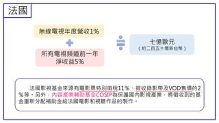 加拿大
加拿大政府很早就設立基金，透過直接補貼與減稅的方式，
促進本國視聽產品的製作品質。
從1967年開始，就已設立加拿大相關輔助基金，若干基
金挹注電影製作與映演通路的發展。
加拿大與全世界最大影音文化輸出國－美國相鄰，又加
上語言相近，是加拿大最大的貿易夥伴，使得加拿大更
加重視文化主權。
 