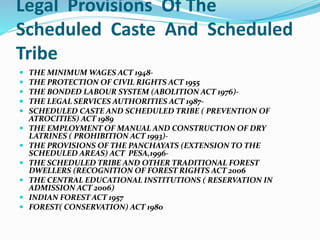 Legal Provisions Of The
Scheduled Caste And Scheduled
Tribe
 THE MINIMUM WAGES ACT 1948-
 THE PROTECTION OF CIVIL RIGHTS ACT 1955
 THE BONDED LABOUR SYSTEM (ABOLITION ACT 1976)-
 THE LEGAL SERVICES AUTHORITIES ACT 1987-
 SCHEDULED CASTE AND SCHEDULED TRIBE ( PREVENTION OF
ATROCITIES) ACT 1989
 THE EMPLOYMENT OF MANUAL AND CONSTRUCTION OF DRY
LATRINES ( PROHIBITION ACT 1993)-
 THE PROVISIONS OF THE PANCHAYATS (EXTENSION TO THE
SCHEDULED AREAS) ACT PESA,1996-
 THE SCHEDULED TRIBE AND OTHER TRADITIONAL FOREST
DWELLERS (RECOGNITION OF FOREST RIGHTS ACT 2006
 THE CENTRAL EDUCATIONAL INSTITUTIONS ( RESERVATION IN
ADMISSION ACT 2006)
 INDIAN FOREST ACT 1957
 FOREST( CONSERVATION) ACT 1980
 
