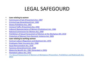 LEGAL SAFEGOURD
• Laws relating to women
• Commission of Sati (Prevention) Act, 1987
• Criminal Law (Amendment) Act, 1983
• Dowry Prohibition Act, 1961
• Immoral Traffic (Prevention) Act, 1956
• Indecent Representation of Women (Prohibition) Act, 1986
• National Commission for Women Act, 1990
• Prohibition of Sexual Harassment of Women at the Workplace Bill, 2010
• Protection of Women from Domestic Violence Act, 2005
• Laws relating to working women
• Contract Labour (Regulation and Abolition) Act, 1976
• Employees State Insurance Act, 1948
• Equal Remuneration Act, 1976
• Factories (Amendment) Act, 1948
• Maternity Benefit Act, 1961 (Amended in 1995)
• Plantation Labour Act, 1951
• The Sexual Harassment of Women at Workplace (Prevention, Prohibition and Redressal) Act,
2013
 