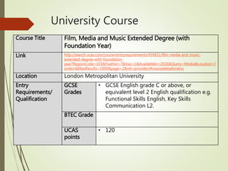 University Course
Course Title Film, Media and Music Extended Degree (with
Foundation Year)
Link http://search.ucas.com/course/entryrequirements/459651/film-media-and-music-
extended-degree-with-foundation-
year?RegionCode=103&Feather=7&Vac=1&AvailableIn=2016&Query=Media&Location=l
ondon&MaxResults=1000&page=2&ret=providers#coursedetailsmenu
Location London Metropolitan University
Entry
Requirements/
Qualification
GCSE
Grades
• GCSE English grade C or above, or
equivalent level 2 English qualification e.g.
Functional Skills English, Key Skills
Communication L2.
BTEC Grade
UCAS
points
• 120
 