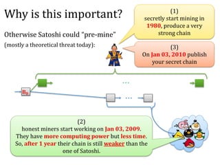 Why is this important?
Otherwise Satoshi could “pre-mine”
(mostly a theoretical threat today):
𝐁 𝟎
. . .
. . .
(1)
secretl...