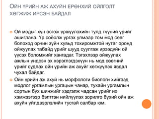 ОЙН ҮРИЙН АЖ АХУЙН ЕРӨНХИЙ ОЙЛГОЛТ
ХӨГЖИЖ ИРСЭН БАЙДАЛ
 Ой модыг хүн өсгөж үржүүлэхийн тулд түүний үрийг
ашиглана. Үр соёолж ургах улмаар том мод сөөг
болоход орчин зүйн хувьд тохиромжтой нутаг оронд
ойжуулах табайд үрийг шууд суулгаж ирээдүйн ой
үүсэх боломжийг хангадаг. Тэгэхлээр ойжуулах
ажлын үндсэн эх хэрэглэгдэхүүн нь мод сөөгний
үрийг судлах ойн үрийн аж ахуйг хөгжүүлэх явдал
чухал байдаг.
 Ойн үрийн аж ахуй нь морфологи биологи хийгээд
модлог ургамлын ургацын чанар, тухайн ургамлын
сортын бүх шинжийг хэдгэлж чадсан үрийг их
хэмжээгээр бэлтгэн нийлүүлэх зорилго бүхий ойн аж
ахуйн үйлдвэрлэлийн тусгай салбар юм.
 