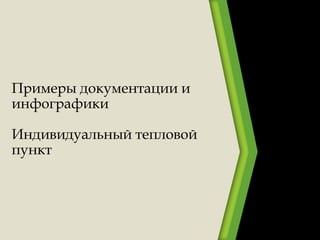 Примеры документации и
инфографики
Индивидуальный тепловой
пункт
 