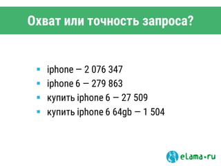 Охват или точность запроса?
 iphone — 2 076 347
 iphone 6 — 279 863
 купить iphone 6 — 27 509
 купить iphone 6 64gb — 1 504
 
