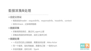 数据采集&处理
• 自定义协议  
•  框架添加header：requestInfo、responseInfo、traceInfo、context  
•  结合mtrace，记录调用链路  
• 数据采集  
•  采集调用信息后，通过SG_agent上报  
•  采集应用层的异常信息，实时上报并分析  
• 数据处理  
•  一天近百亿的上报数据，需要实时处理：Akka  Actor  
•  同一个服务、指标等数据，需要先汇聚：一致性hash  
•  非实时数据，定时分析：Spark  
 